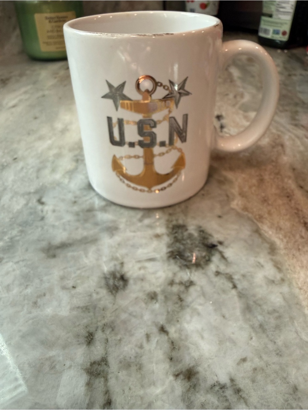 U.S.N. Anchor Ceramic Coffee Mug - White with Gold & Silver Accents